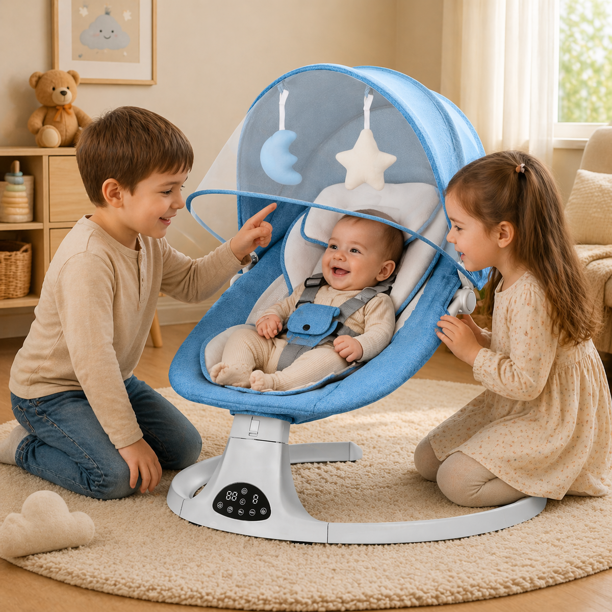 Electric Baby Swing with Remote & Bluetooth – Soothing Baby Rocker, 5 Speeds, 0–12 Months