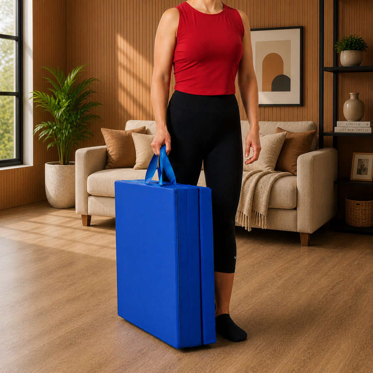 Tri-Folding Exercise Mat – Thick Yoga, Pilates & Pregnancy Mat, Foldable with Handles