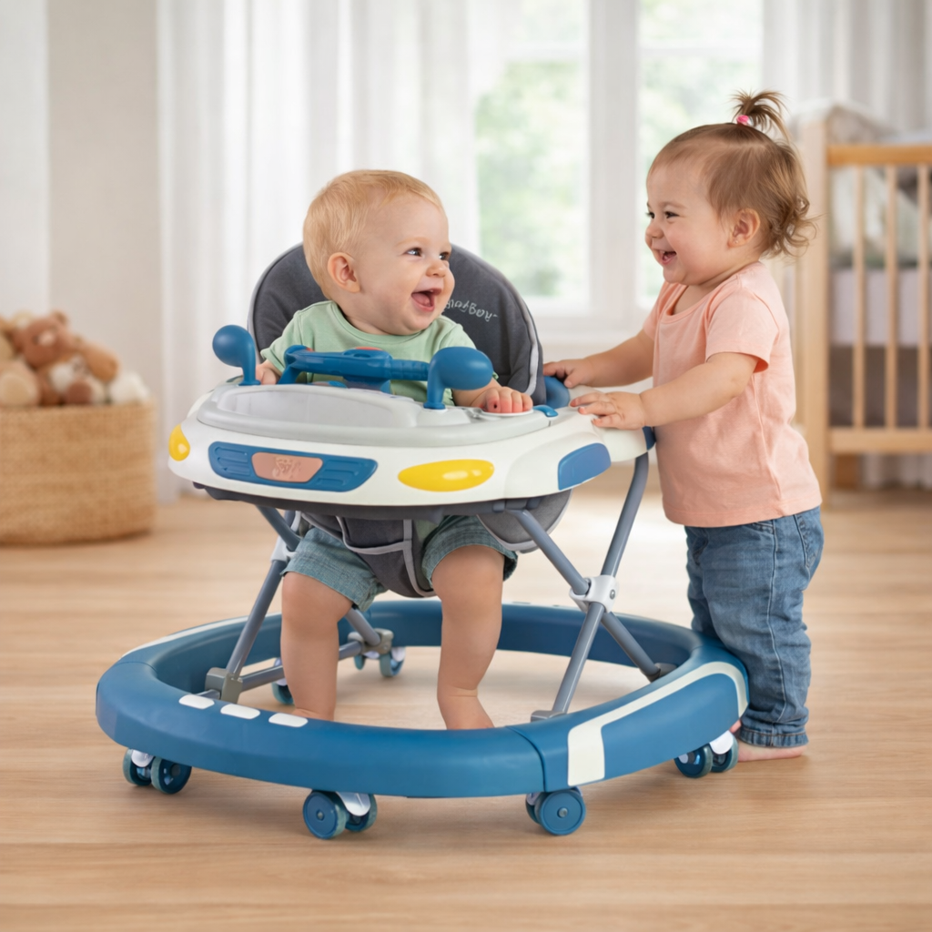 Baby Walker 4-in-1 with Wheels – Foldable Activity Walker & Rocker, Adjustable Height