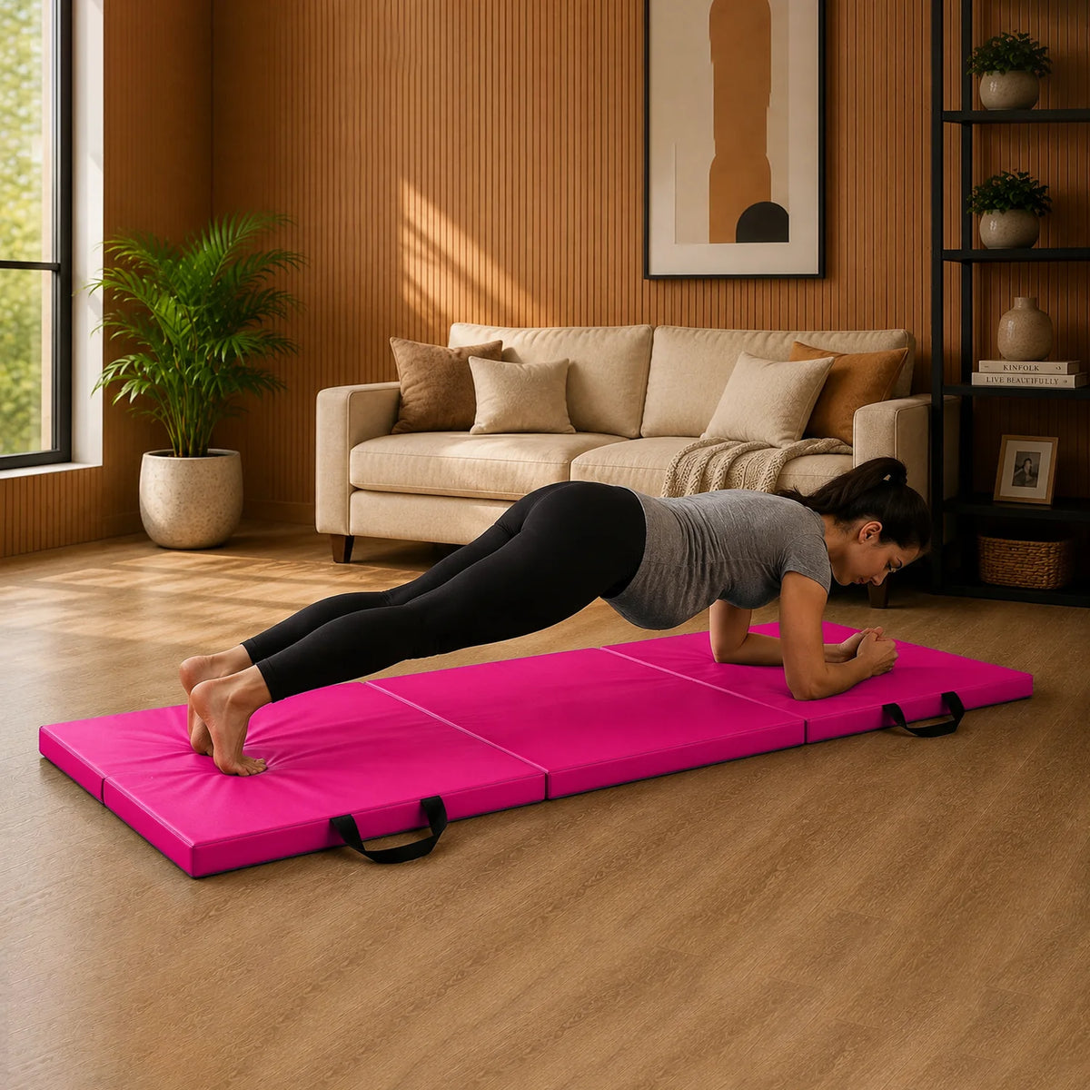 Tri-Folding Exercise Mat – Thick Yoga, Pilates & Pregnancy Mat, Foldable with Handles