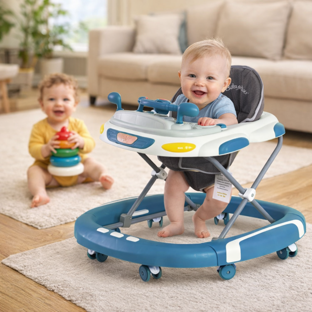 Baby Walker 4-in-1 with Wheels – Foldable Activity Walker & Rocker, Adjustable Height