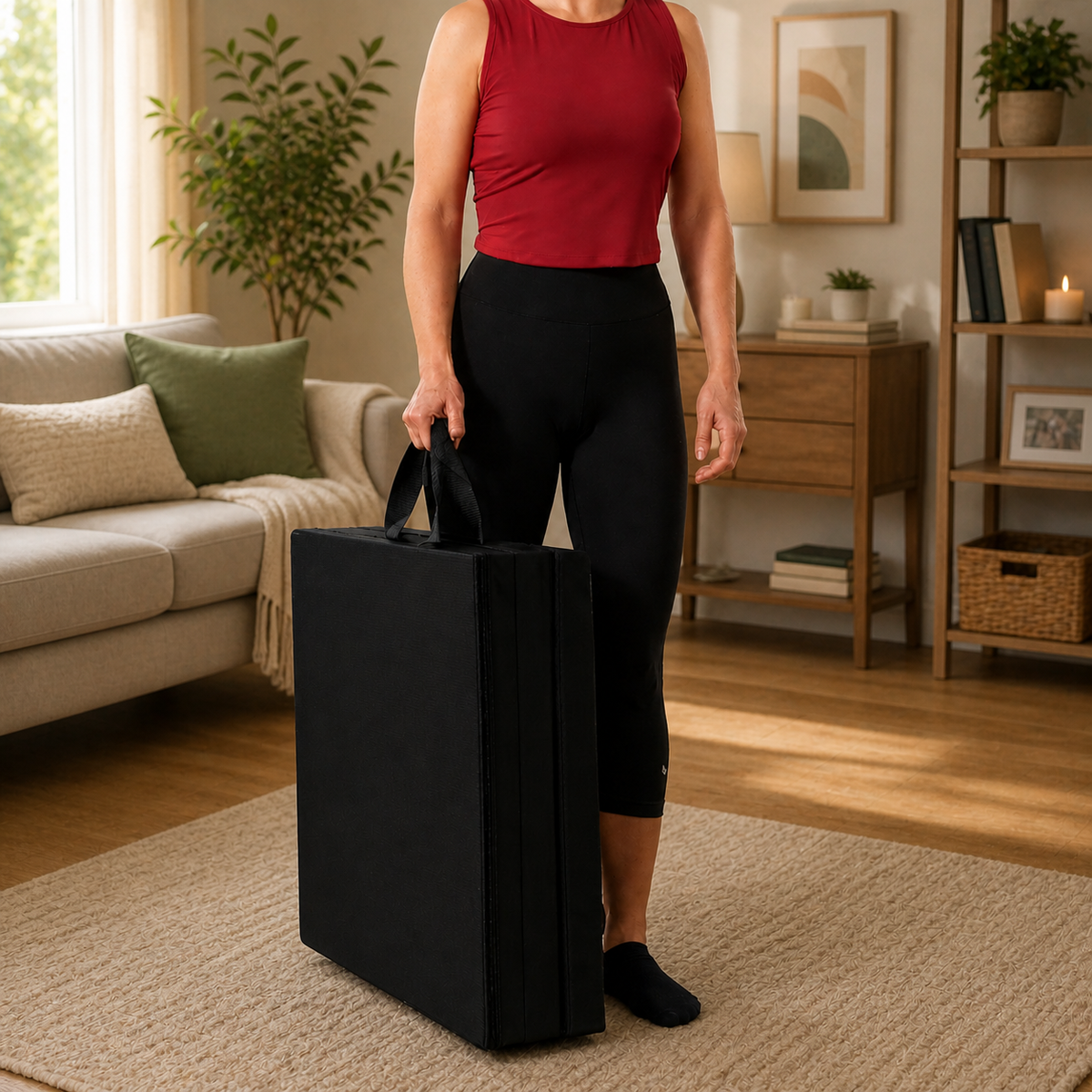 Tri-Folding Exercise Mat – Thick Yoga, Pilates & Pregnancy Mat, Foldable with Handles