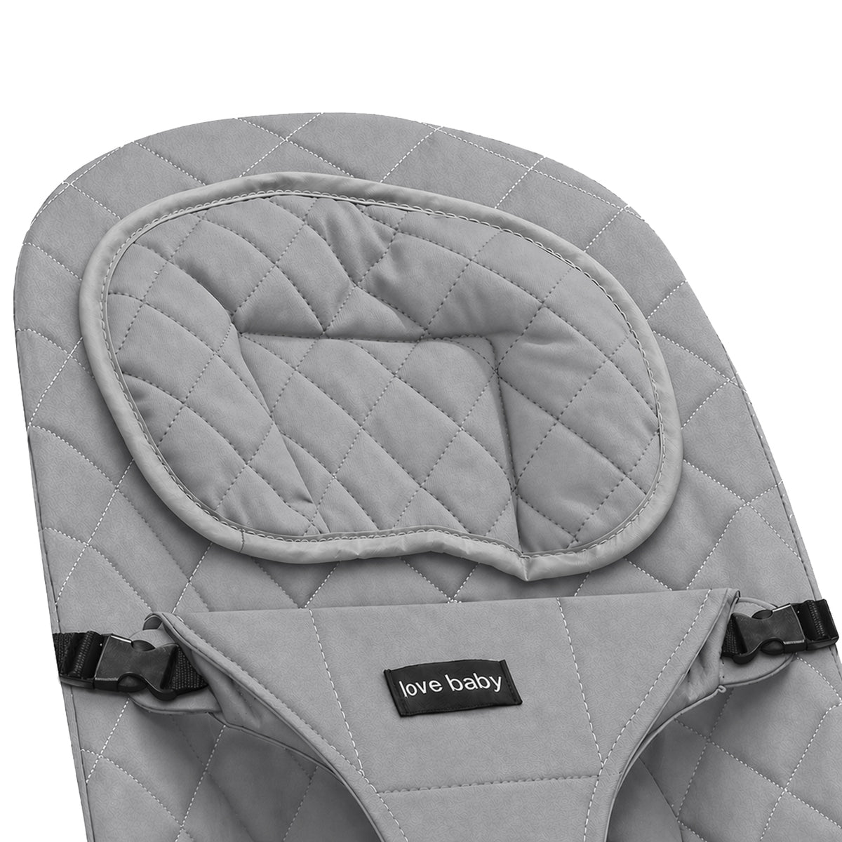 Purple baby bouncer chair with 'love baby' label on a white background