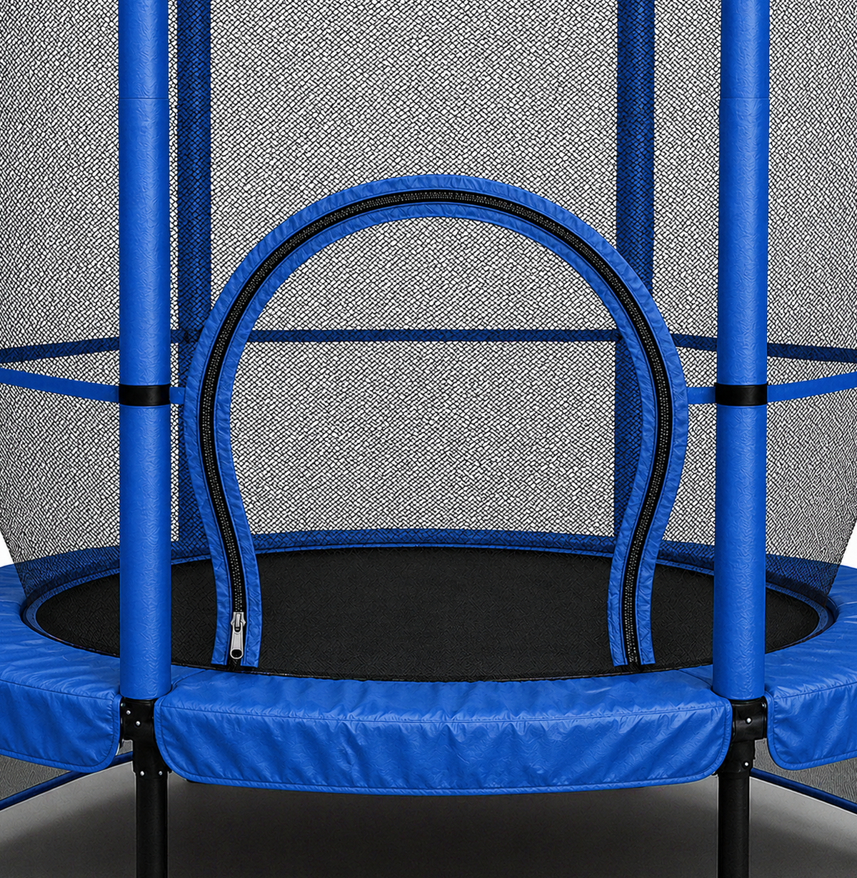 Blue kids trampoline with safety net against a gray background