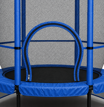 Blue kids trampoline with safety net against a gray background