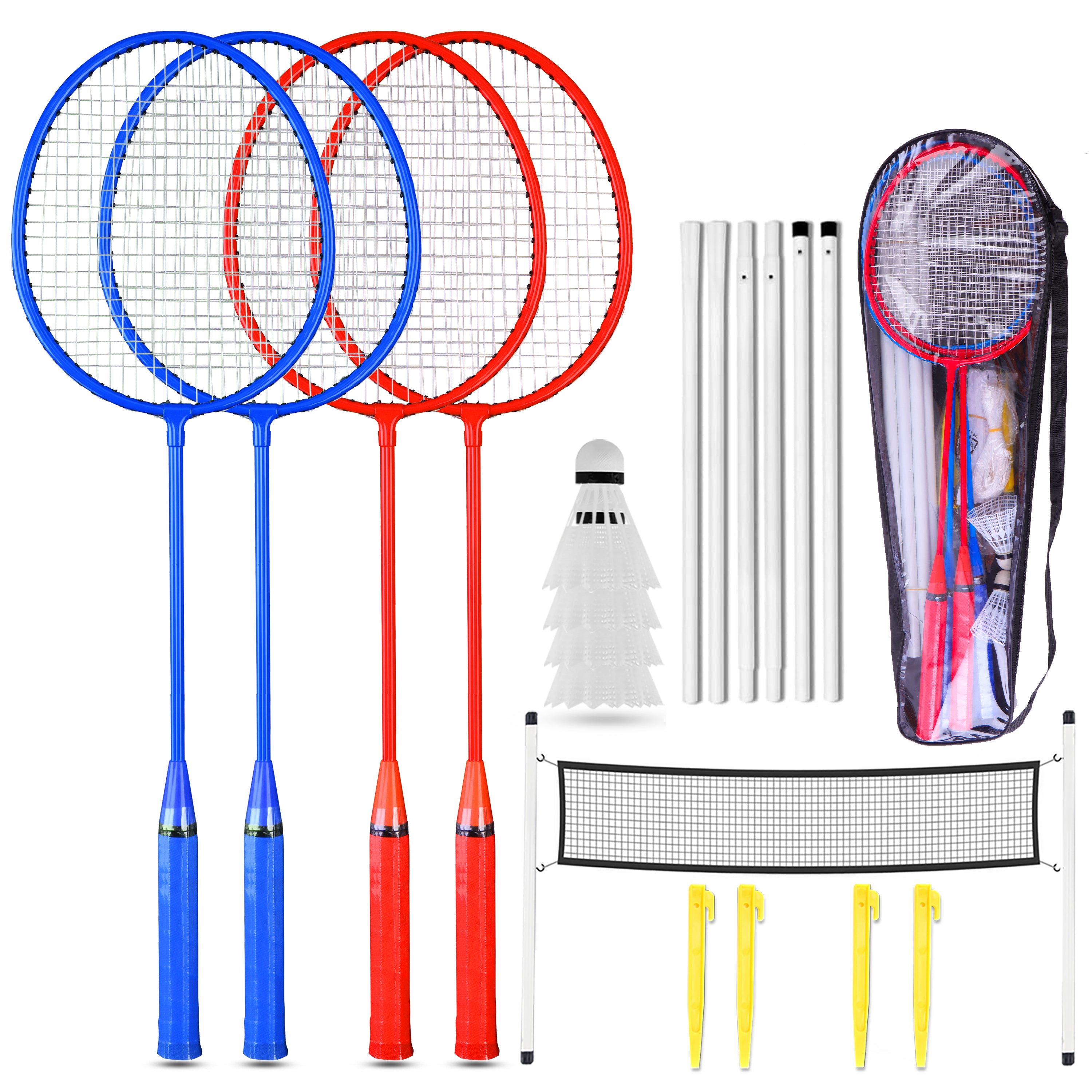 blue and red badminton set with racket, bag, net, lock and hook on the kiduno 