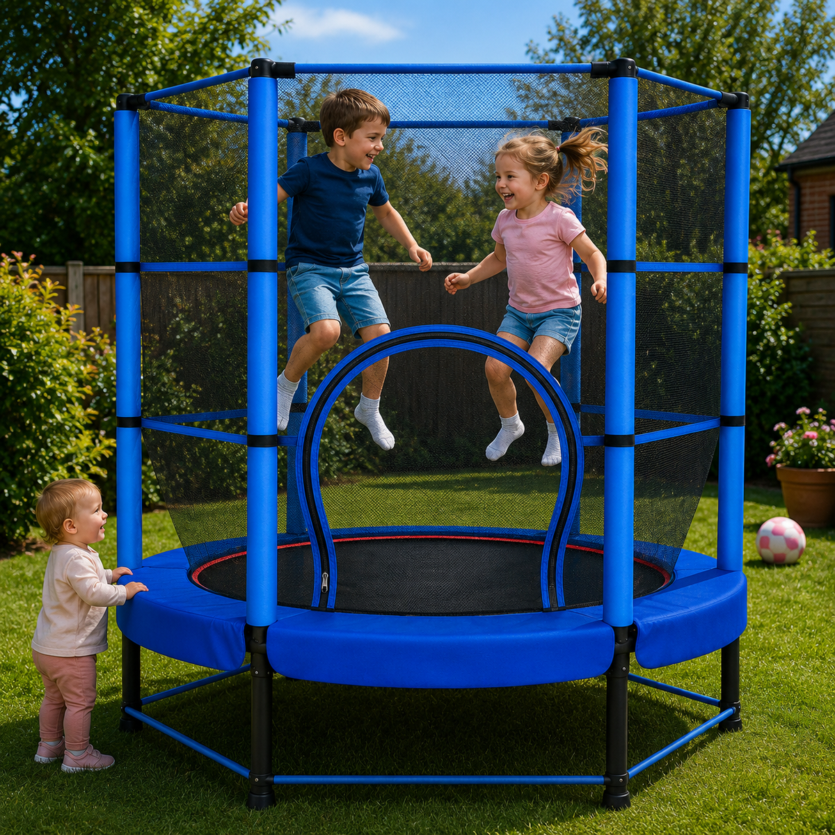 Children playing on a blue kids trampoline in a garden