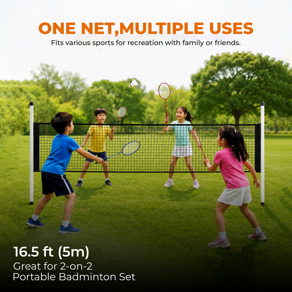 Children playing badminton on a portable net set in an outdoor setting.