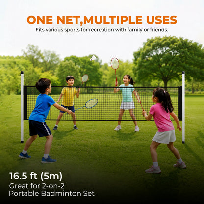 Children playing badminton on a portable net set in an outdoor setting.