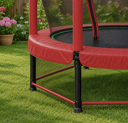 Red children's outdoor trampoline with protective enclosure netting, thick spring safety pad, and a secure bottom fence net for backyard play safety.