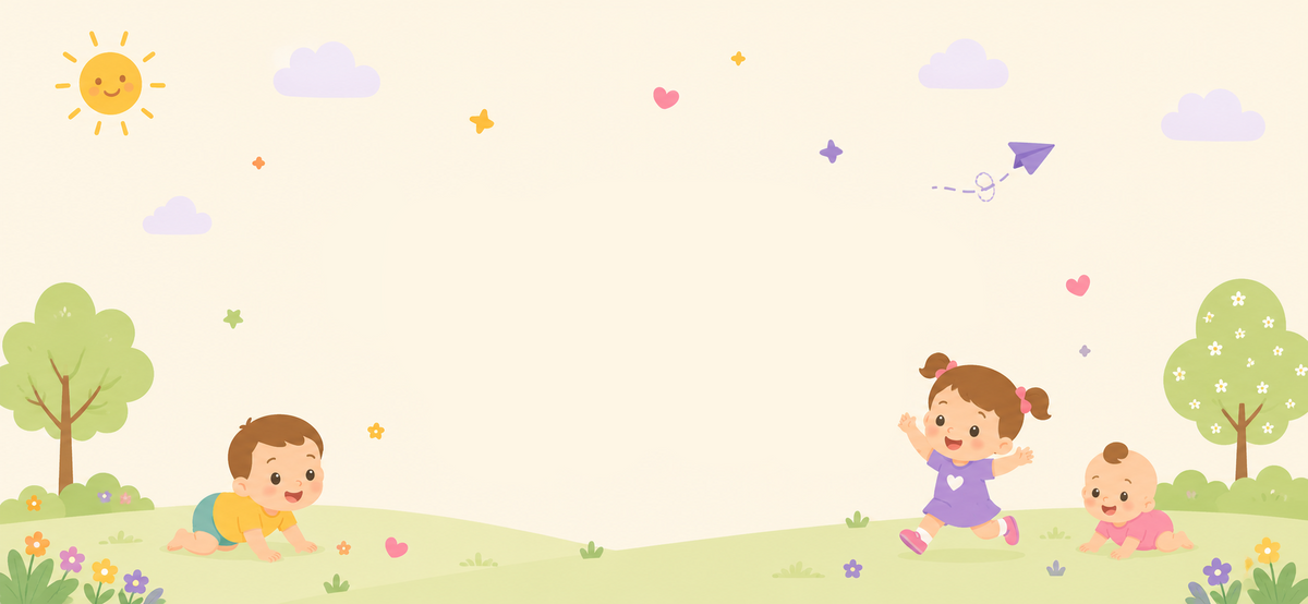 A colorful graphic with cartoon children, trees, clouds, and a sun on a pale yellow background.
