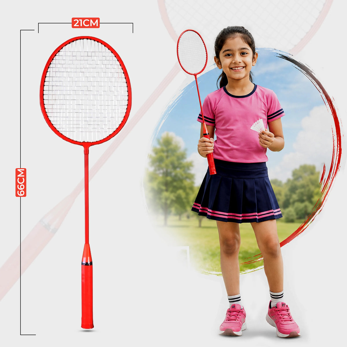 Girl holding a red badminton racket and cork with measurements and a blurred outdoor background