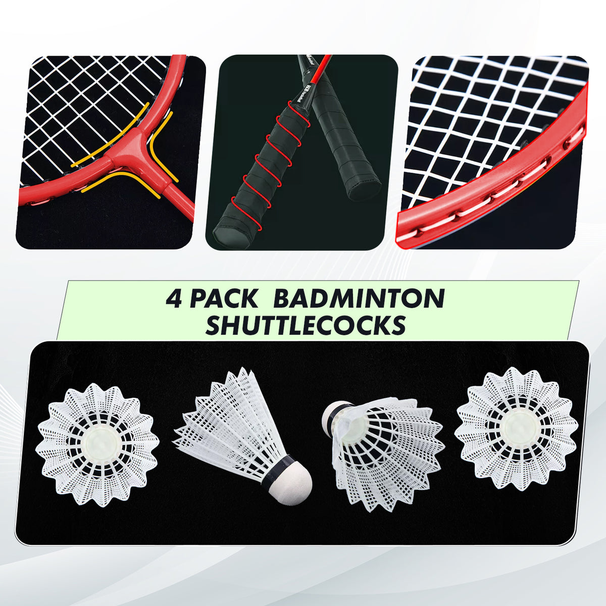 Badminton racket and shuttlecocks packaging with close-up details on a white background