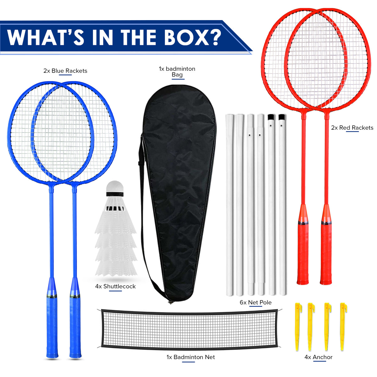 Badminton set with rackets, shuttlecocks, and net on a white background