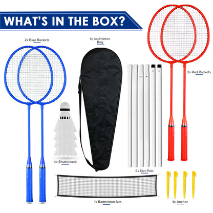 Badminton set with rackets, shuttlecocks, and net on a white background