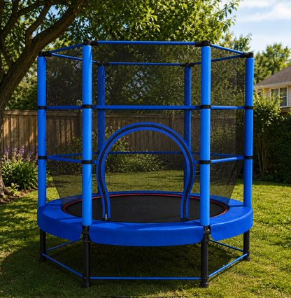 Blue trampoline with safety net in a backyard setting