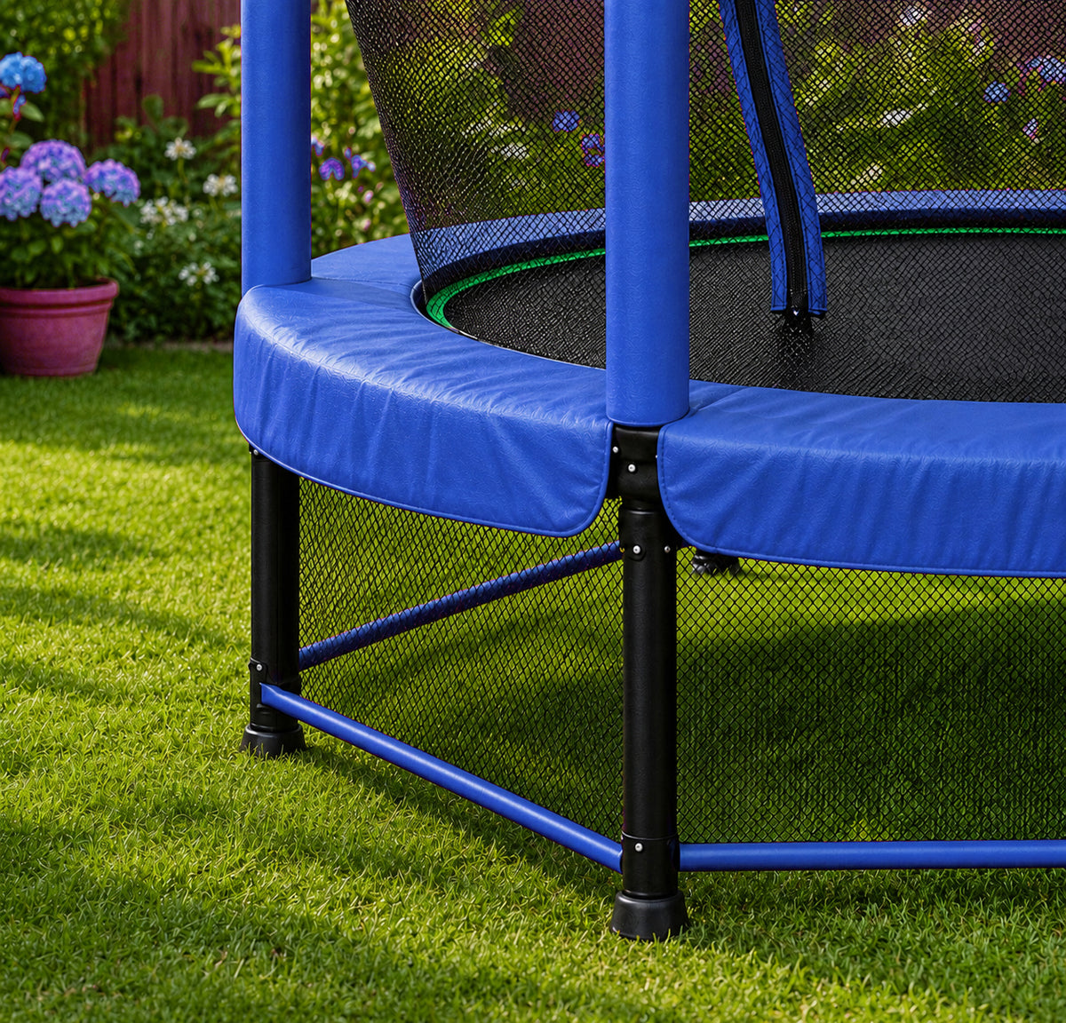 Blue kids garden trampoline featuring a 360 safety enclosure net, foam padded steel poles, and a lower safety net underneath the frame to prevent crawl under.