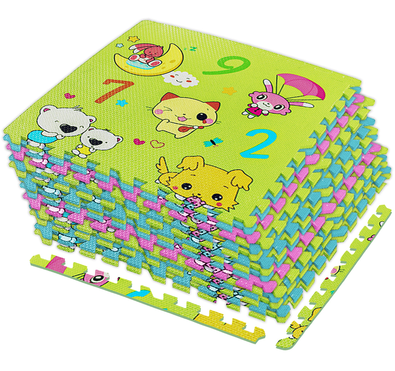 Kid's play mat with cartoon animals and numbers on a white background