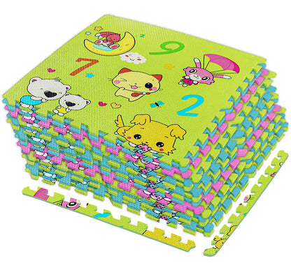 Kid's play mat with cartoon animals and numbers on a white background