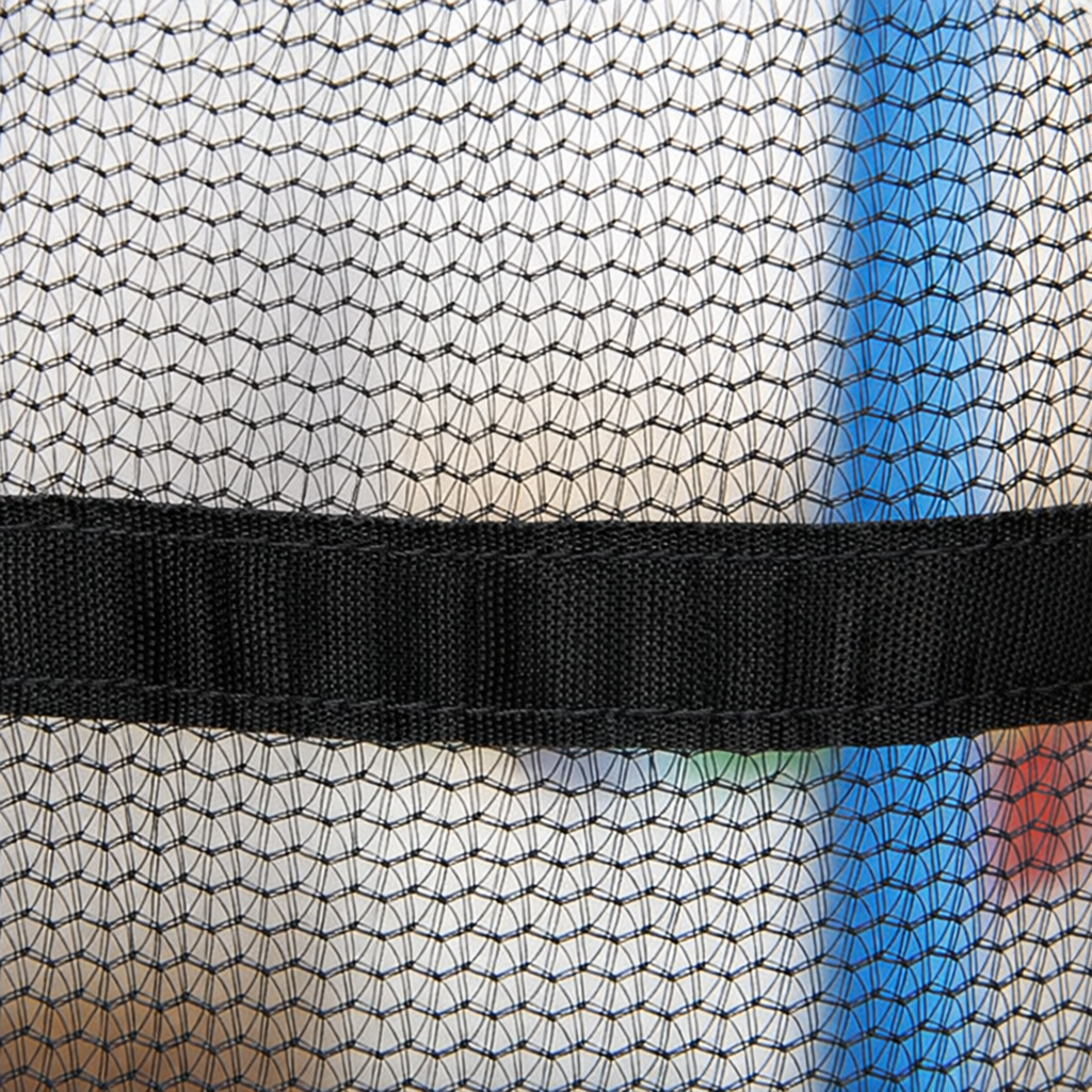 Durable mesh detail of a children's trampoline safety net featuring a bright red weather-resistant pole protector sleeve.