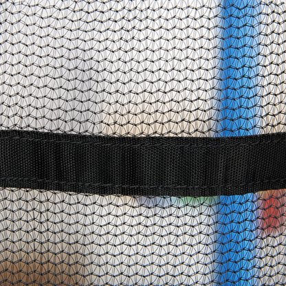 Durable mesh detail of a children's trampoline safety net featuring a bright red weather-resistant pole protector sleeve.