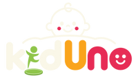 The logo for kiduno, featuring a stylized cream-colored baby face above the brand name. The word 'kiduno' is written in a playful multicolor font with a green stick figure on a green disc under the letter 'k' and a pink smiley face inside the letter 'o'.