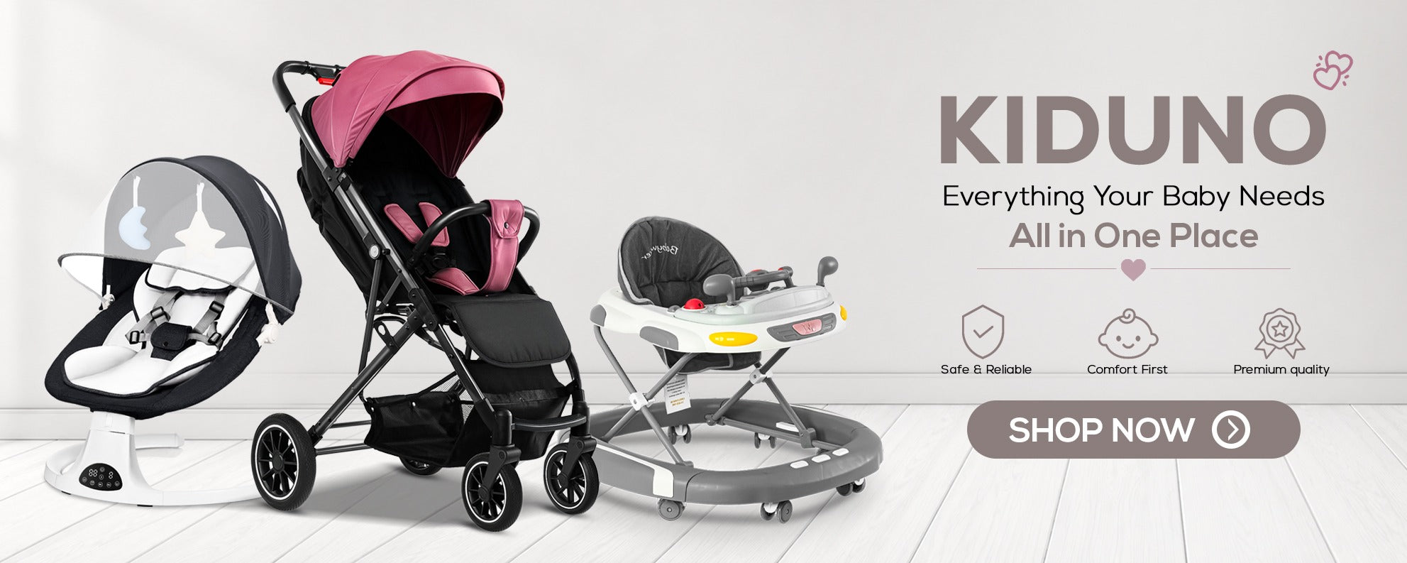 Baby stroller and walker set with Kiduno branding on a white background