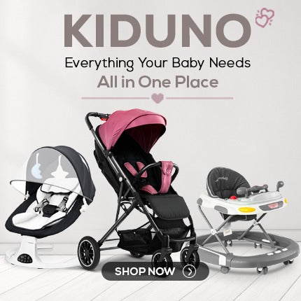 Baby stroller, car seat, and walker with 'KIDUNO' branding on a light gray background.