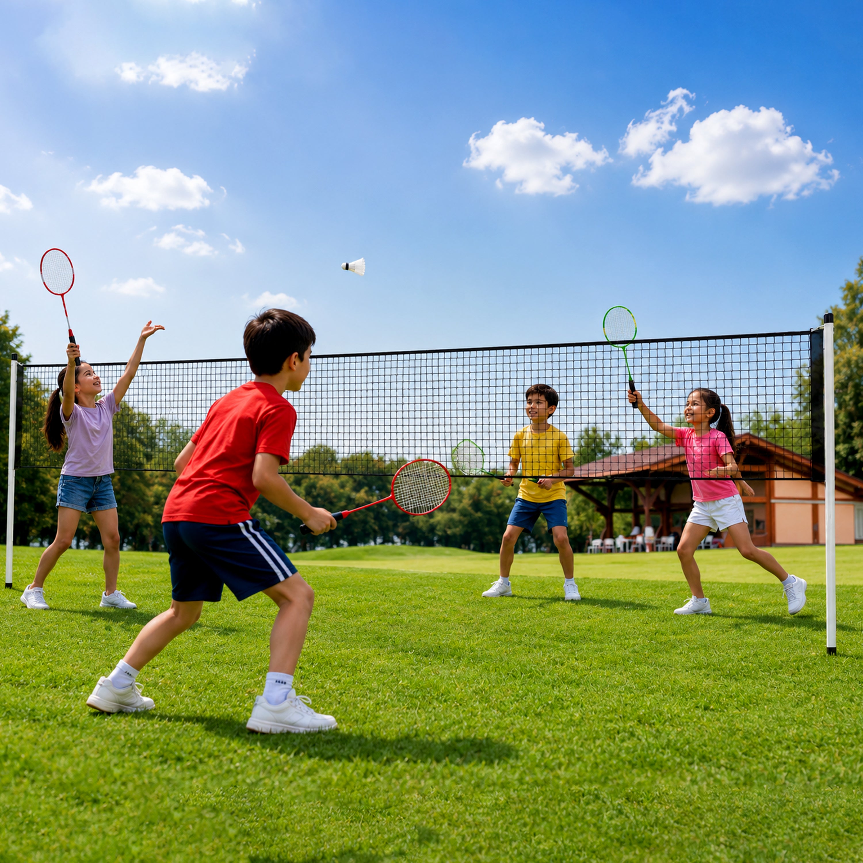 Children playing badminton on a grassy field with a clear blue sky.