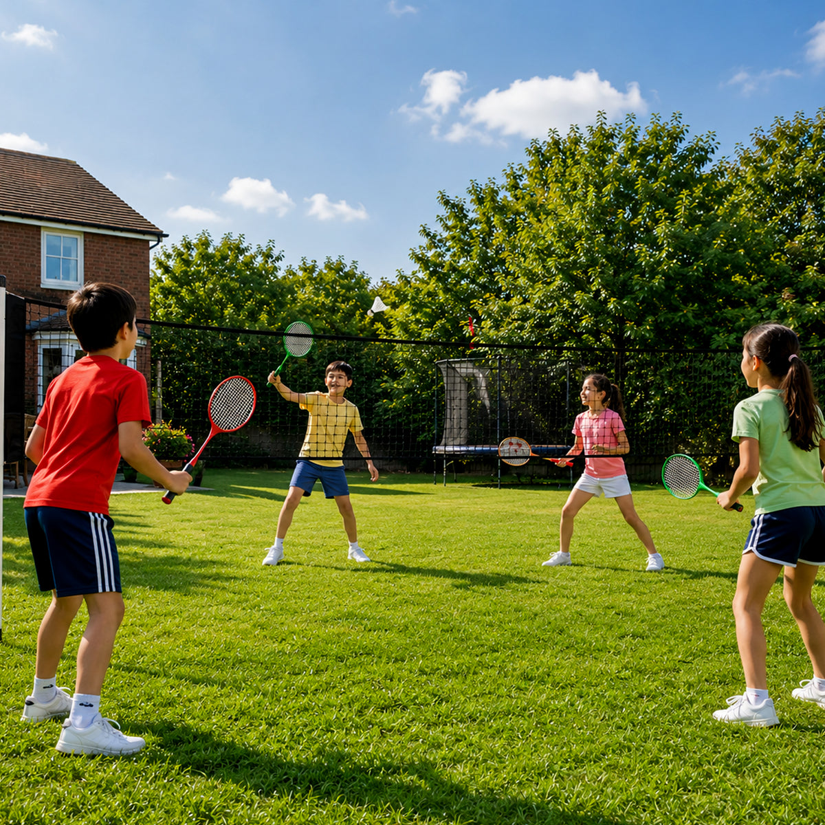 Four children playing badminton in a backyard on a sunny day.