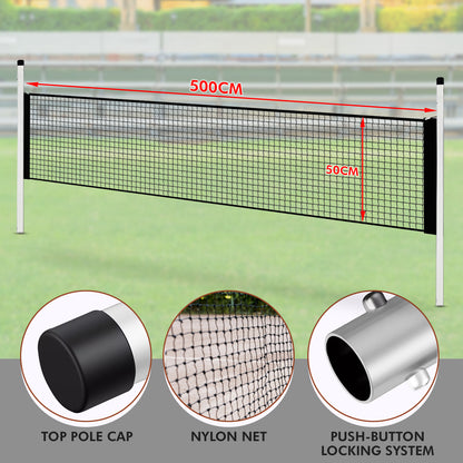 Portable badminton net with measurements on a grass court background