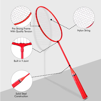 Red badminton racket with detailed features on a gray background