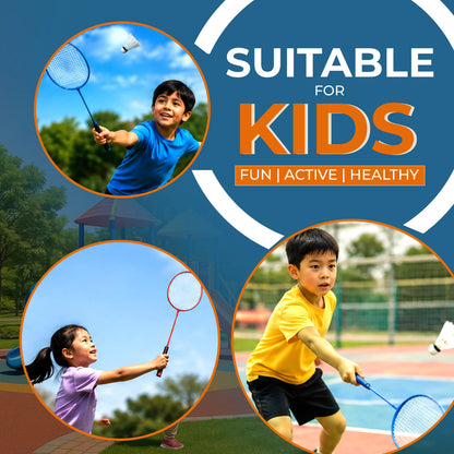 Children playing badminton with text 'Suitable for Kids: Fun, Active, Healthy' on a blue background.