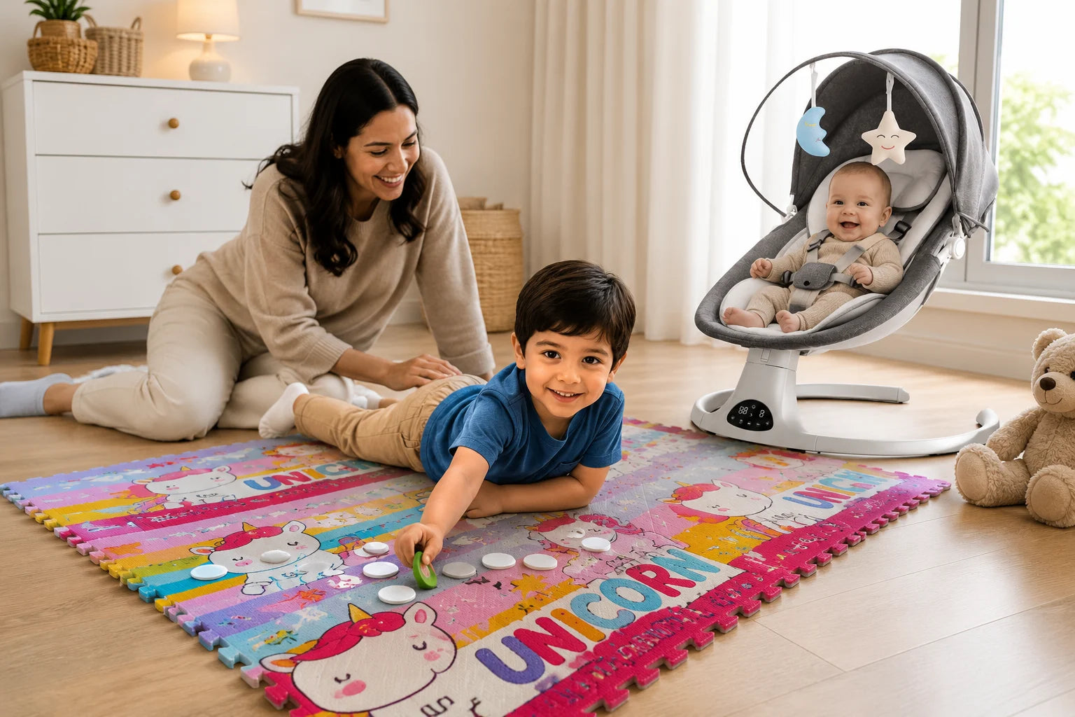 British mother playing with toddler in a modern UK family home
